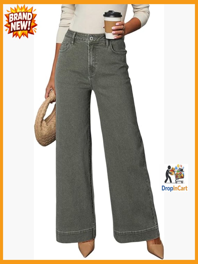 Casual High Waisted Jeans Stretch Button Wide Leg Loose Denim Pants With Pockets